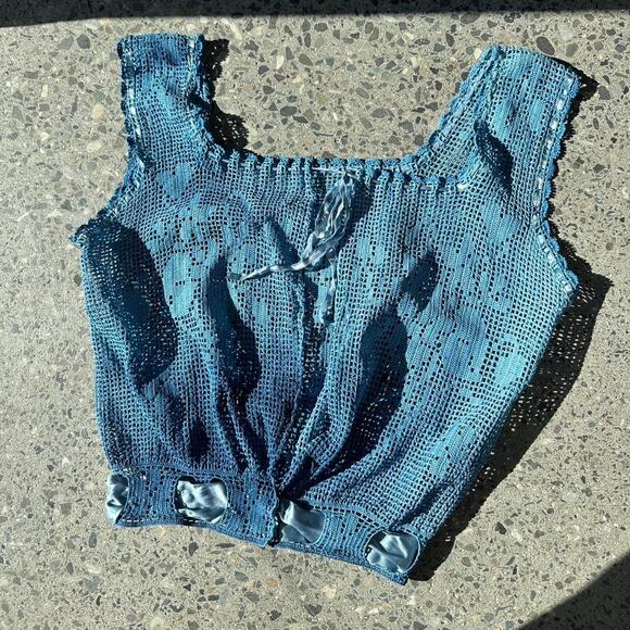 Women’s XXS Blouse Blue Crochet Sleeveless Satin Ribbon Edwardian 1900 Antique - Picture 2 of 2